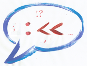 Une bulle de bd à l'encre bleue avec diverses petites ponctuations et un gros deux points ouvrez les guillemets rouge